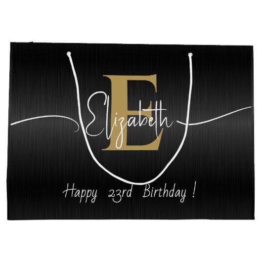 Elegant Zwart Modern Goud Monogrammed Script Naam Groot Cadeauzakje (Achterkant)