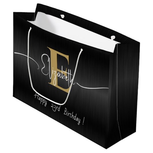 Elegant Zwart Modern Goud Monogrammed Script Naam Groot Cadeauzakje (Voorkant Gekanteld)