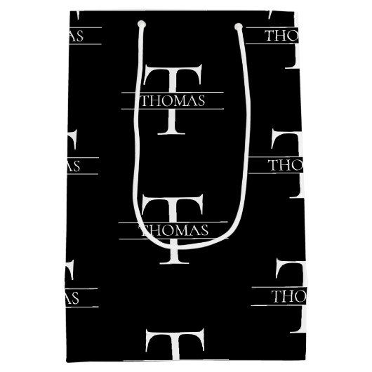 Elegant Zwart Monogram Aangepaste Naam Patroon Medium Cadeauzakje (Achterkant)