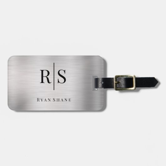Elegant zwart monogram en naam, geborsteld zilver bagagelabel (Voorkant horizontaal)