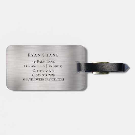 Elegant zwart monogram en naam, geborsteld zilver bagagelabel (Achterkant horizontaal)