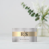 Elegant zwart monogram en naam, geborsteld zilver visitekaartje (Staand voorkant)