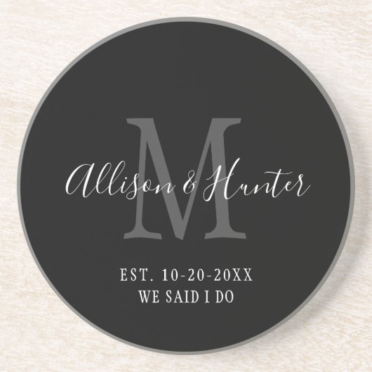 Elegant zwart monogram gevestigde Passen getrouwd Zandsteen Onderzetter (Voorkant)