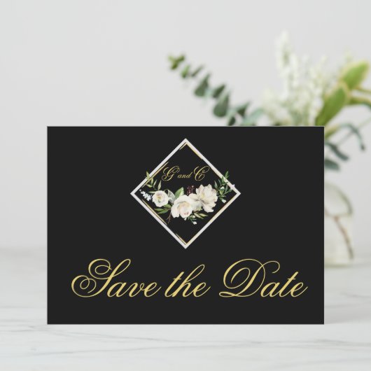 Elegant zwart monogram goud sparen de Datum Save The Date (Staand voorkant)