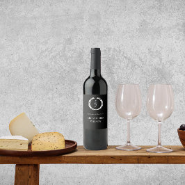 Elegant zwart monogram krans bruiloft wijn etiket