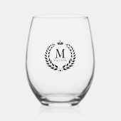 Elegant zwart monogram laurierkrans kroon wijnglas zonder voet (Voorkant)