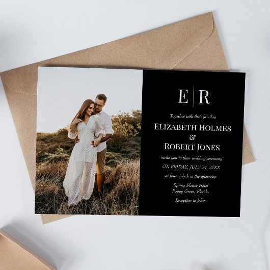 Elegant Zwart Monogram Met Eigen Foto Bruiloft Kaart