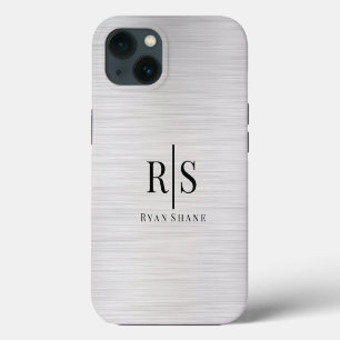 Elegant zwart monogram & naam, geborsteld zilver iPhone 13 hoesje