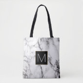 Elegant zwart monogram op witte marmeren steen tote bag (Voorkant)