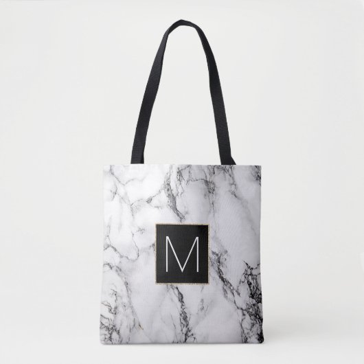 Elegant zwart monogram op witte marmeren steen tote bag (Voorkant)