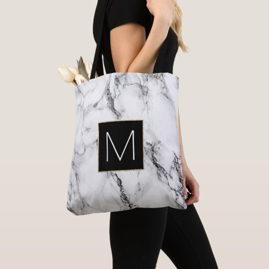 Elegant zwart monogram op witte marmeren steen tote bag (Dichtbij)
