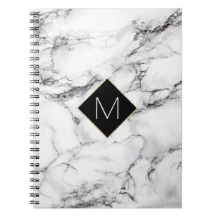 Elegant zwart monogram op witte marmeren textuur notitieboek