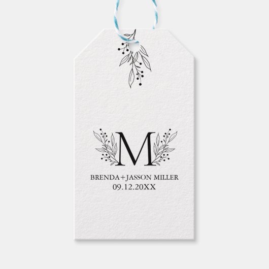 Elegant zwart monogram pasgetrouwd cadeaulabel (Voorkant)
