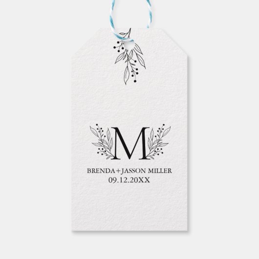 Elegant zwart monogram pasgetrouwd cadeaulabel (Achterkant)