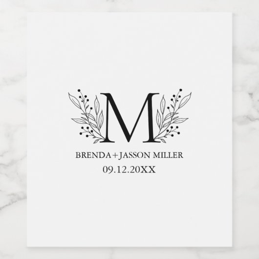 Elegant zwart monogram pasgetrouwd wijn etiket (Enkel label)