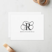 Elegant Zwart Monogram Platte Nota Kaart Notitiekaartje (Voorkant / Achterkant in situ)