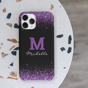 Elegant Zwart Monogram Purper Glitter Case-Mate iPhone Case