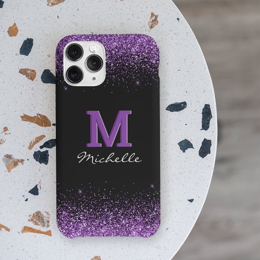 Elegant Zwart Monogram Purper Glitter Case-Mate iPhone Case