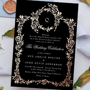 Elegant Zwart   monogram Roos Gold Crest Bruiloft Folie Uitnodiging