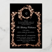 Elegant Zwart | monogram Roos Gold Crest Bruiloft Folie Uitnodiging (Voorkant)