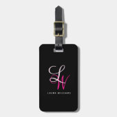 Elegant zwart monogram roze script bagagelabel (Voorkant verticaal)