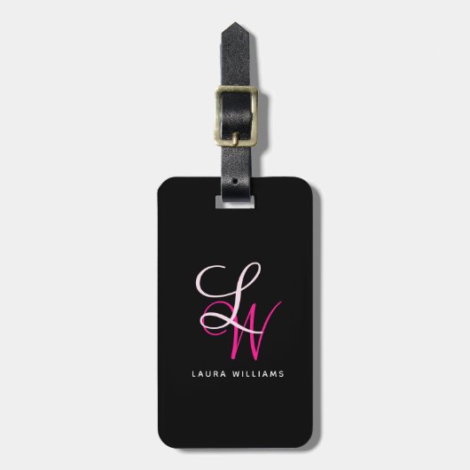 Elegant zwart monogram roze script bagagelabel (Voorkant verticaal)