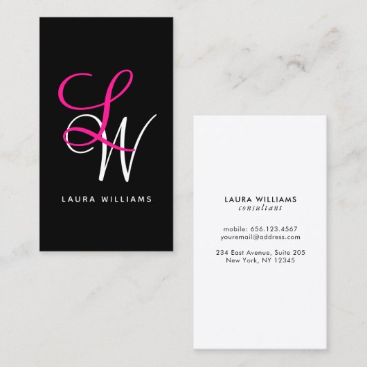 Elegant zwart monogram roze script visitekaartje (Voorkant / Achterkant)
