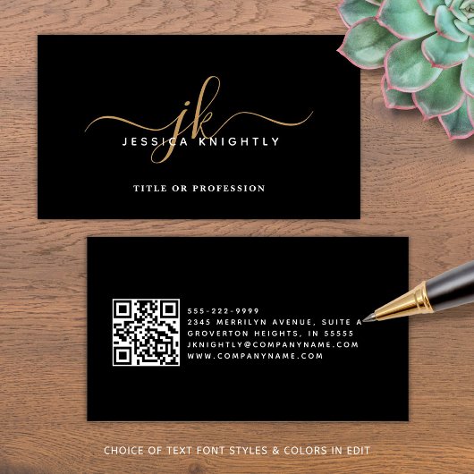 Elegant zwart monogram script Initialen QR-code Visitekaartje
