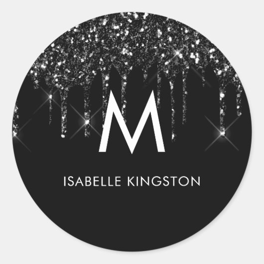 Elegant zwart monogram zwart glitter-schijven ronde sticker (Voorkant)