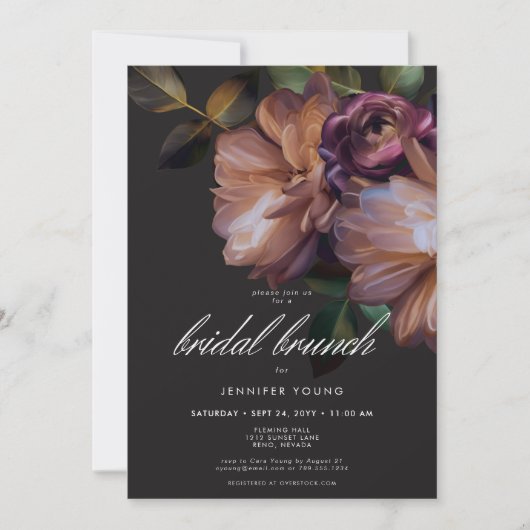 Elegant Zwart Moody Bloemen Bruidsbrunch Kaart (Voorkant)
