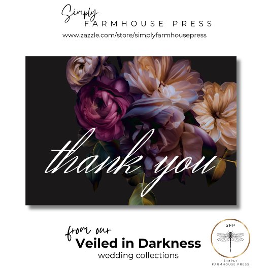 Elegant Zwart Moody Bloemen Bruiloft Bedankkaart