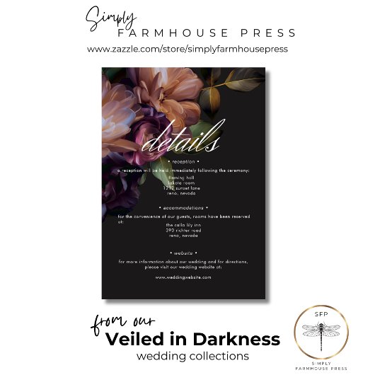 Elegant Zwart Moody Bloemen Bruiloft Details Informatiekaartje