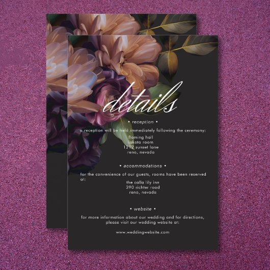 Elegant Zwart Moody Bloemen Bruiloft Details Informatiekaartje