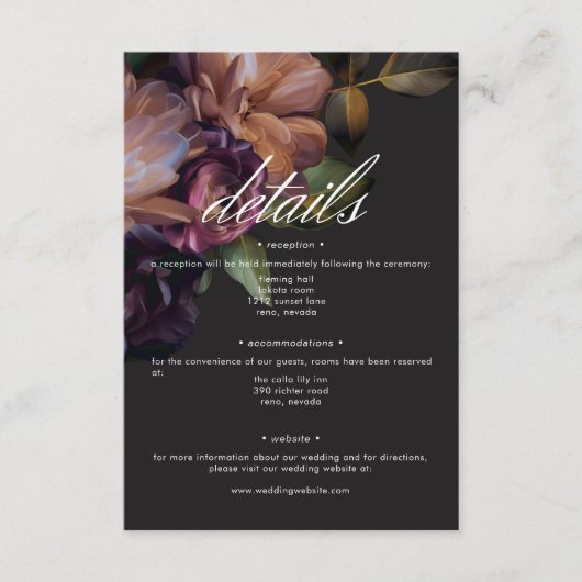 Elegant Zwart Moody Bloemen Bruiloft Details Informatiekaartje (Voorkant)