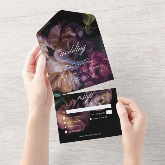 Elegant Zwart Moody Bloemen Bruiloft Diner All In One Uitnodiging (Afscheurbaar)