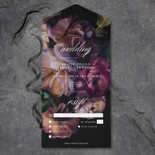 Elegant Zwart Moody Bloemen Bruiloft Diner All In One Uitnodiging