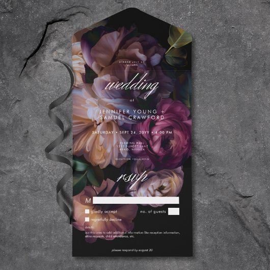Elegant Zwart Moody Bloemen Bruiloft Geen Diner All In One Uitnodiging