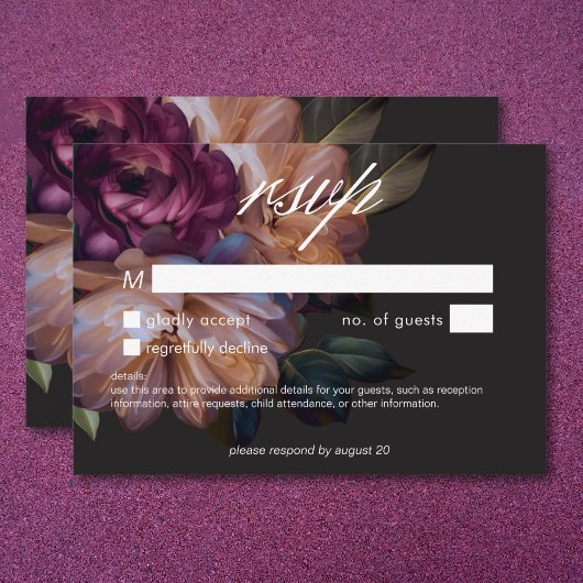 Elegant Zwart Moody Bloemen Bruiloft Geen Diner RSVP Kaartje