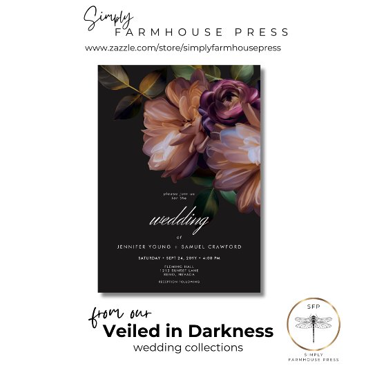 Elegant Zwart Moody Bloemen Bruiloft Kaart