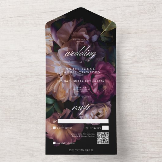 Elegant Zwart Moody Bloemen Bruiloft QR Code All In One Uitnodiging (Binnen)