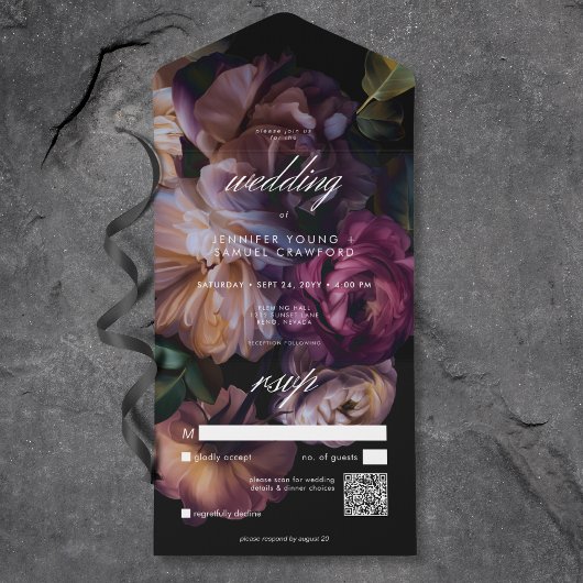 Elegant Zwart Moody Bloemen Bruiloft QR Code All In One Uitnodiging