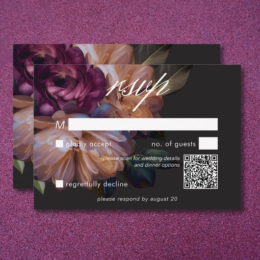 Elegant Zwart Moody Bloemen Bruiloft QR Code RSVP Kaartje