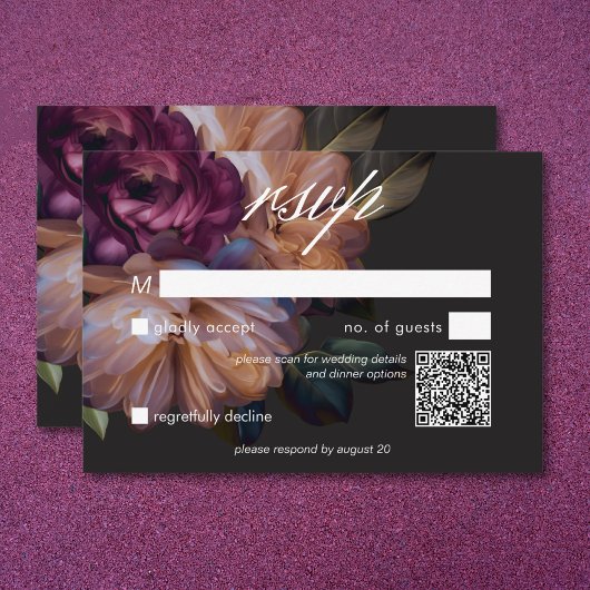 Elegant Zwart Moody Bloemen Bruiloft QR Code RSVP Kaartje