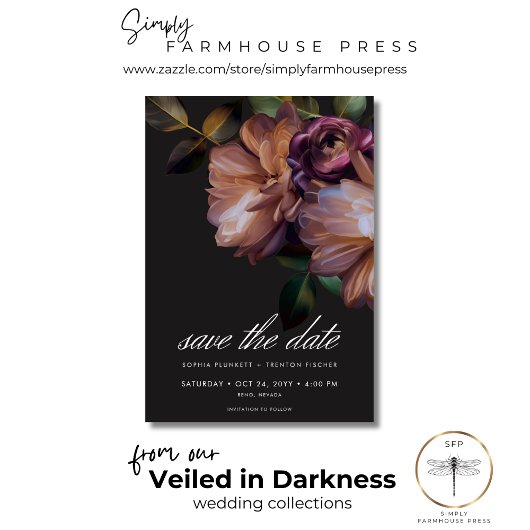 Elegant Zwart Moody Bloemen Bruiloft Save The Date