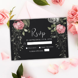 Elegant Zwart Moody Bloemen Donker Gotisch Bruilof RSVP Kaartje