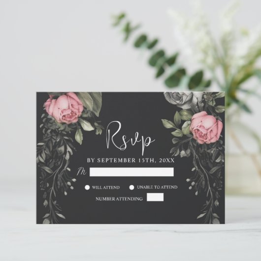 Elegant Zwart Moody Bloemen Donker Gotisch Bruilof RSVP Kaartje (Staand voorkant)