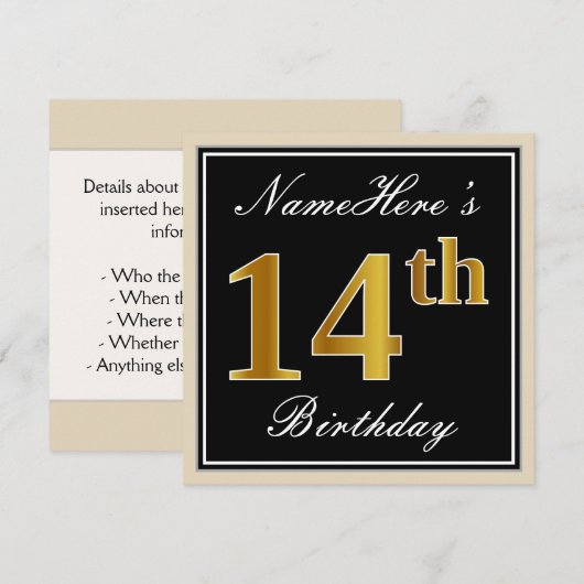 Elegant, Zwart, Nep Goud 14e Verjaardag + Naam Kaart (Voorkant / Achterkant)