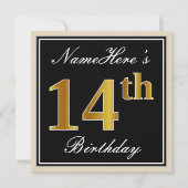 Elegant, Zwart, Nep Goud 14e Verjaardag + Naam Kaart (Voorkant)