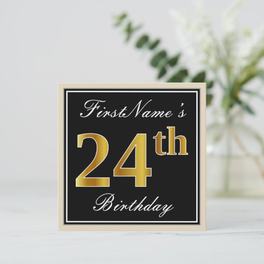 Elegant, Zwart, Nep Goud 24e Verjaardag + Naam Kaart (Staand voorkant)