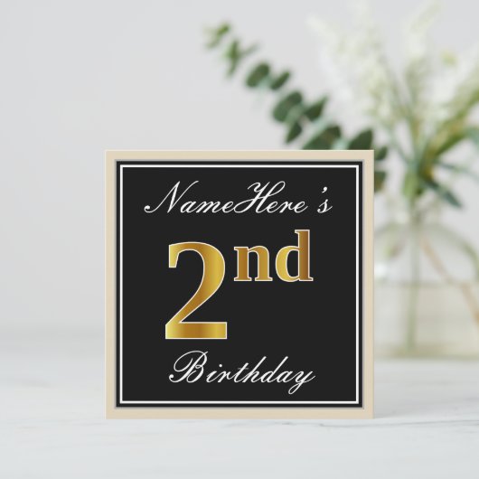 Elegant, Zwart, Nep Goud 2de Verjaardag + Naam Kaart (Staand voorkant)